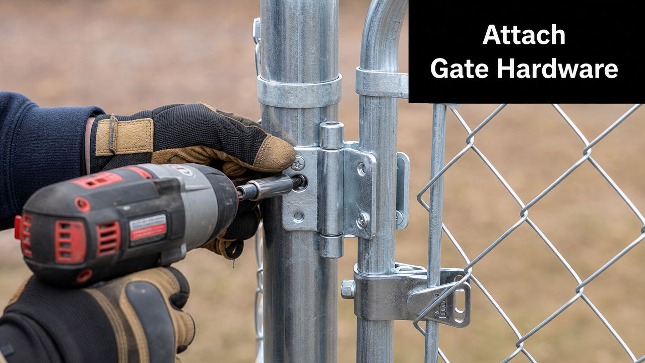 A worker using a power drill to attach metal gate hardware to a chain link fence post.