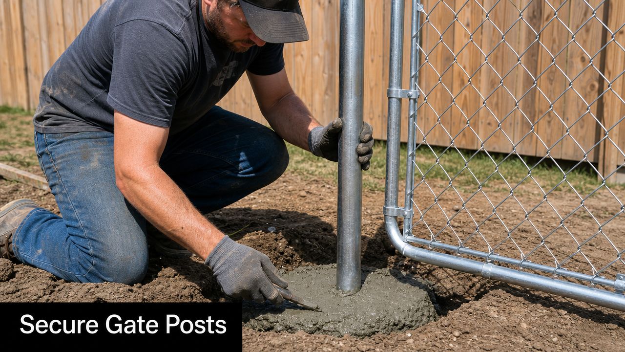 A construction worker securing a chain link fence gate post by smoothing concrete at the base.
