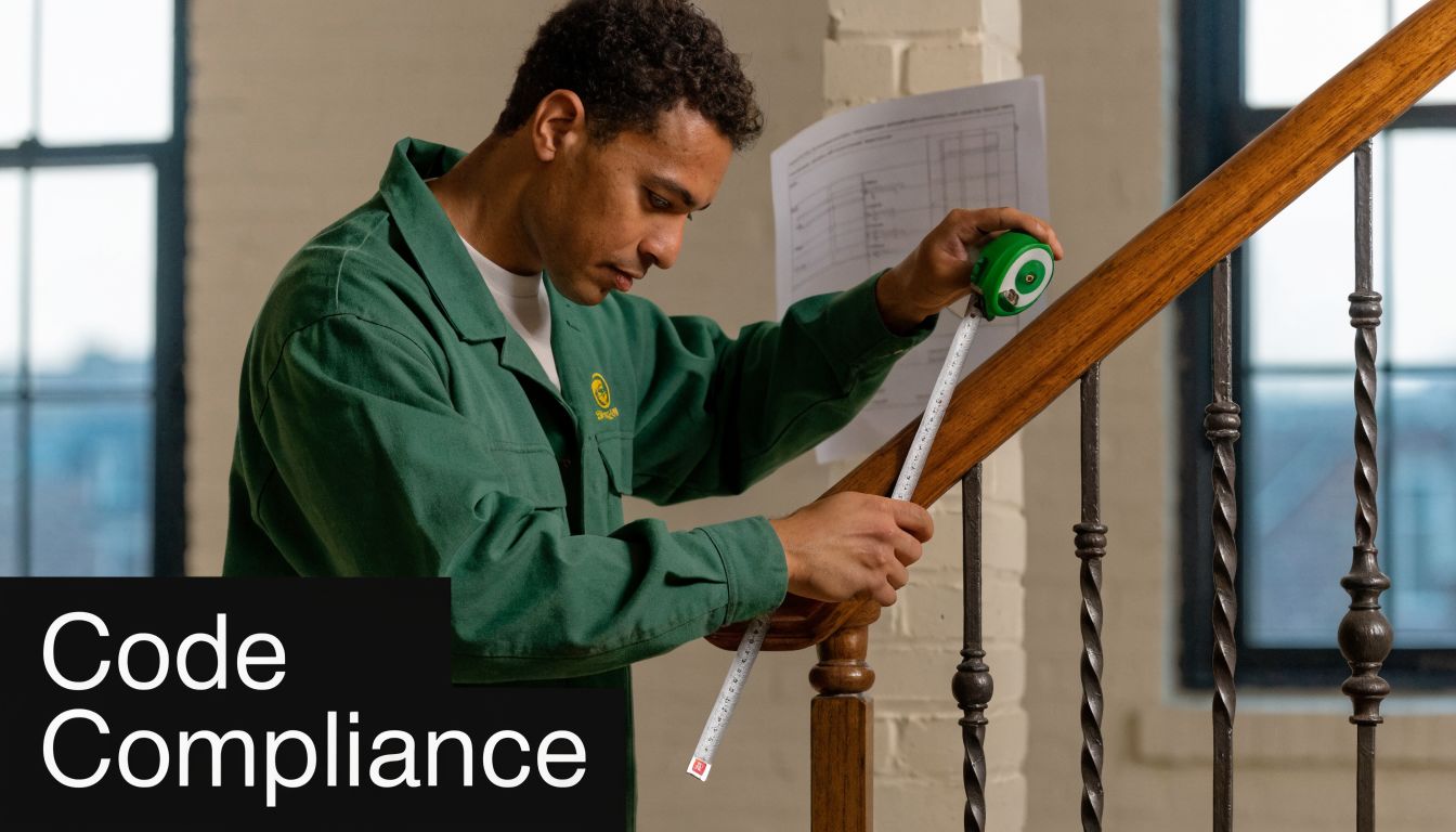 A professional inspector in a green uniform measuring an iron railing for stairs with a tape measure.