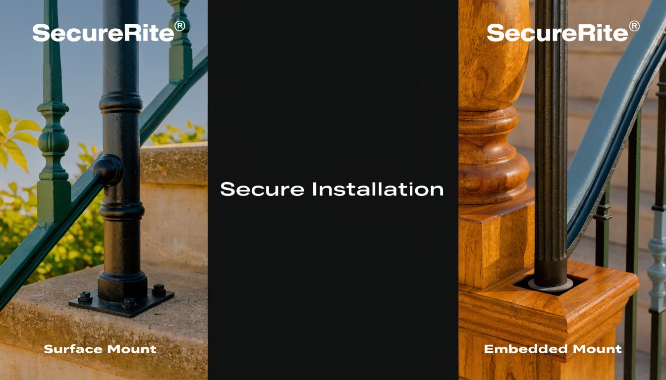 A comparison of SecureRite iron railing installation methods showing surface mount versus embedded mount styles.