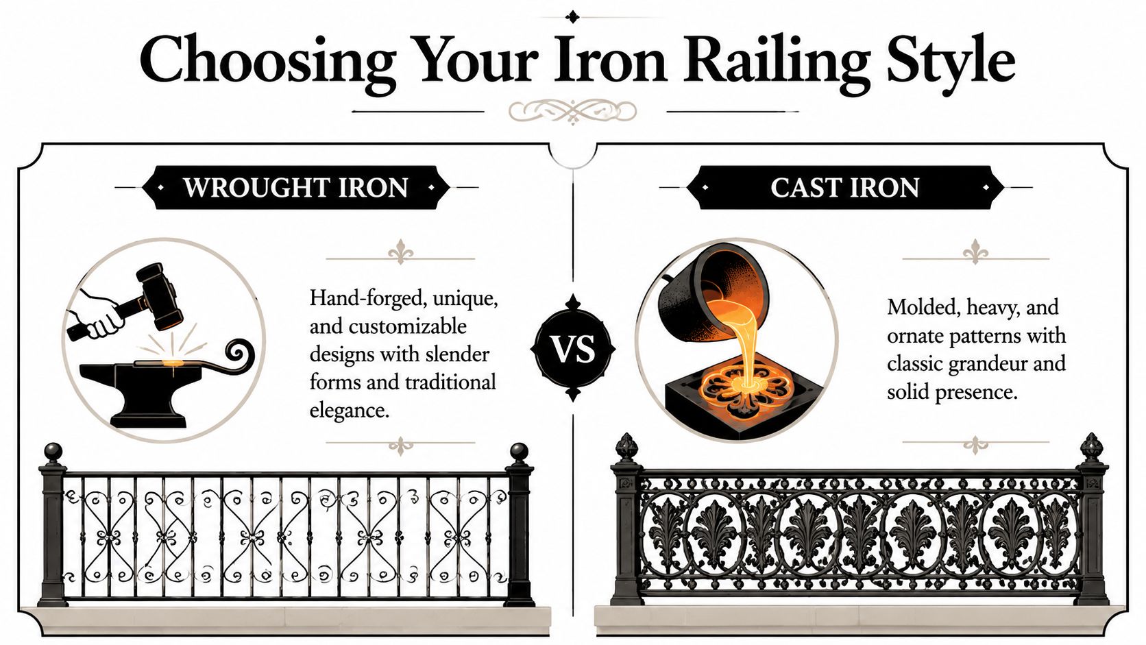 A comparison infographic showing the design differences between wrought iron railings and cast iron railings.