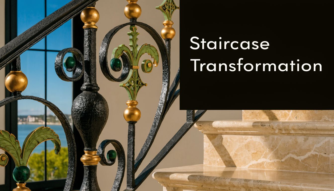Close-up of an ornate decorative iron railing for stairs with gold and green accents beside marble steps.