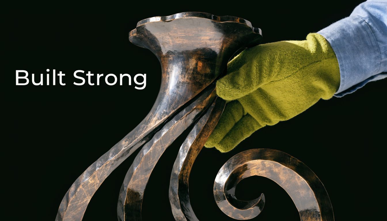 A hand wearing a green glove holds a sturdy, decorative metal baluster against a black background.