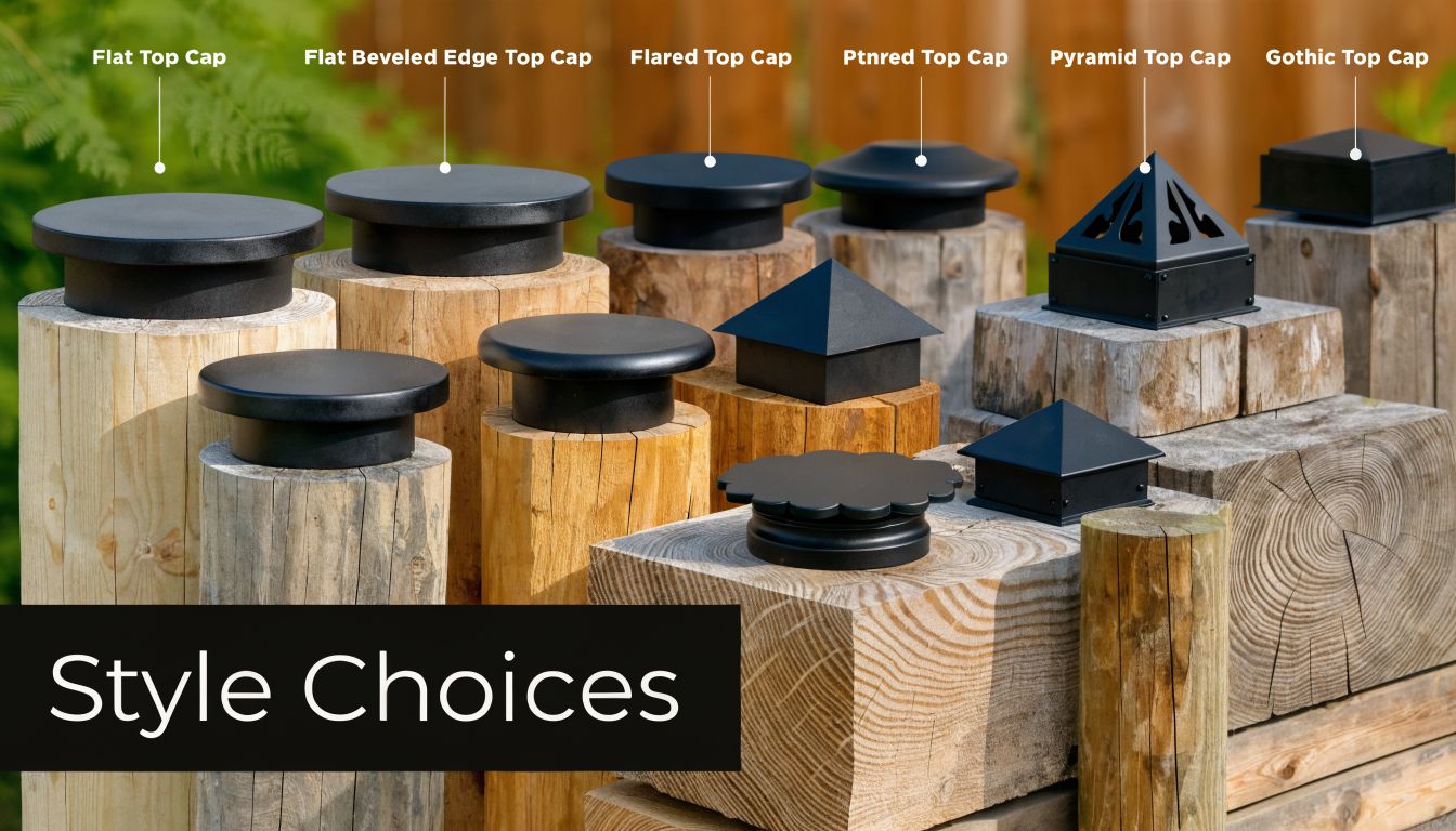 A collection of various metal fence post caps displayed on top of different wooden posts outdoors.