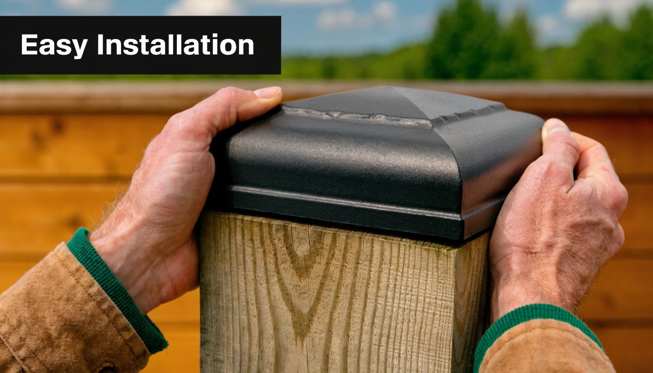 A person installs a black protective cap onto the top of a square wooden fence post.
