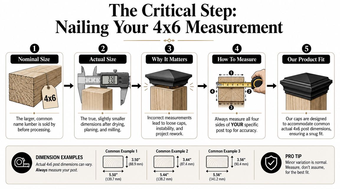A diagram explaining why it is crucial to measure actual 4x6 post dimensions before installing post caps.