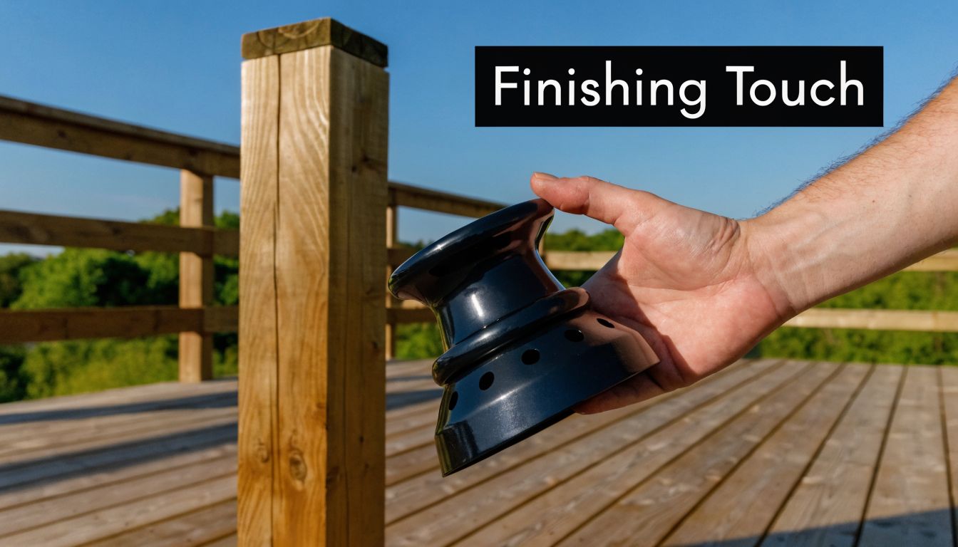 A person holding a black metal 4x6 post cap above a wooden deck railing.