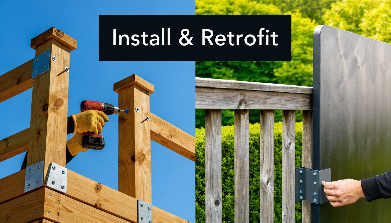 A split-screen image showing DIY deck installation and retrofitting a privacy panel onto an existing railing.