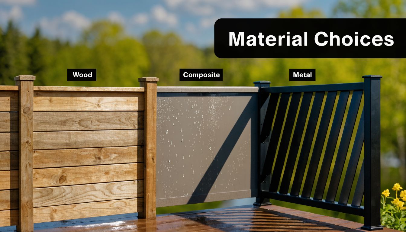A split-view image comparing different privacy deck railing materials including wood, composite, and metal panel designs.