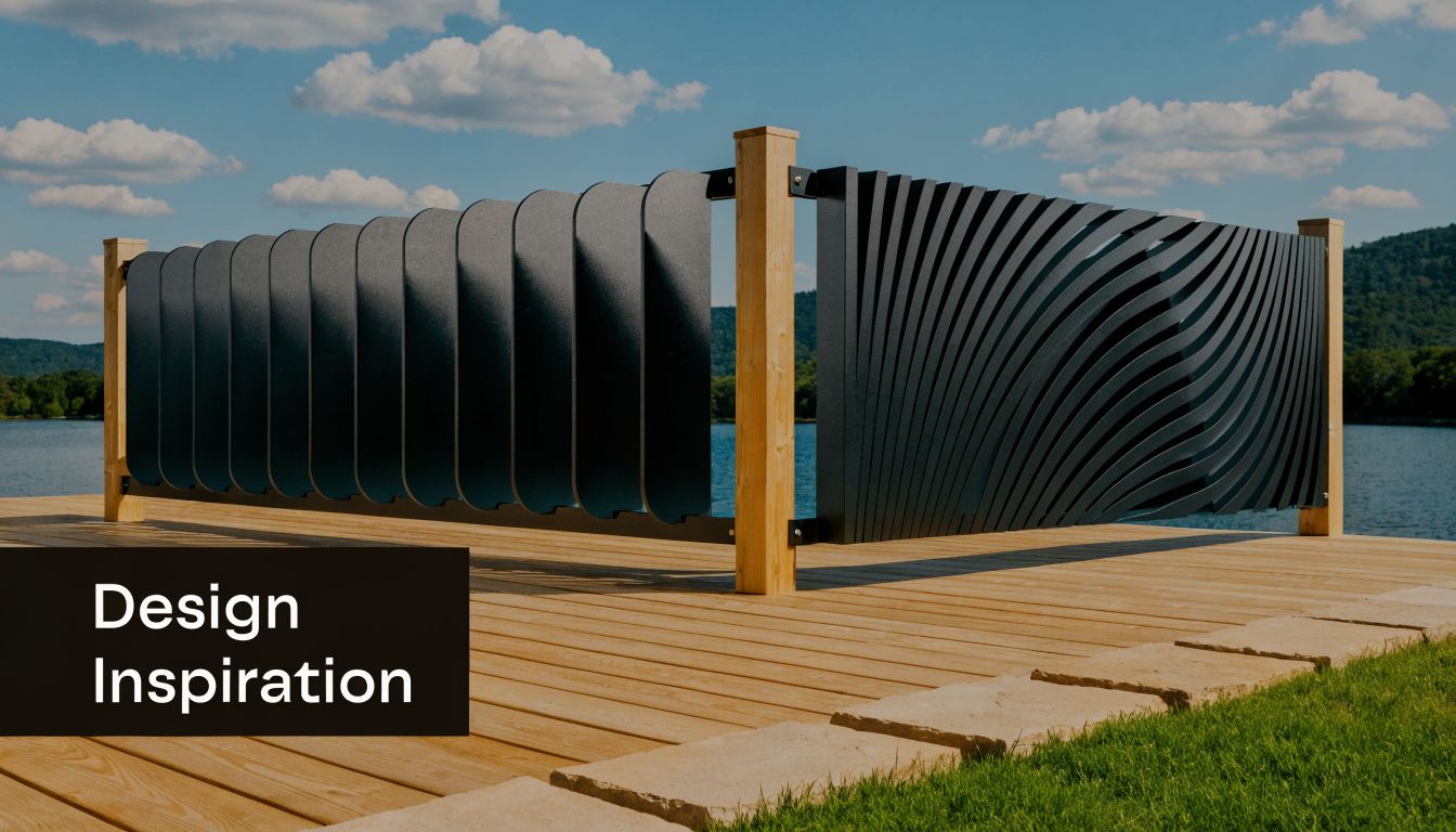 A modern privacy deck railing featuring a decorative wavy metal screen design overlooking a tranquil lake.