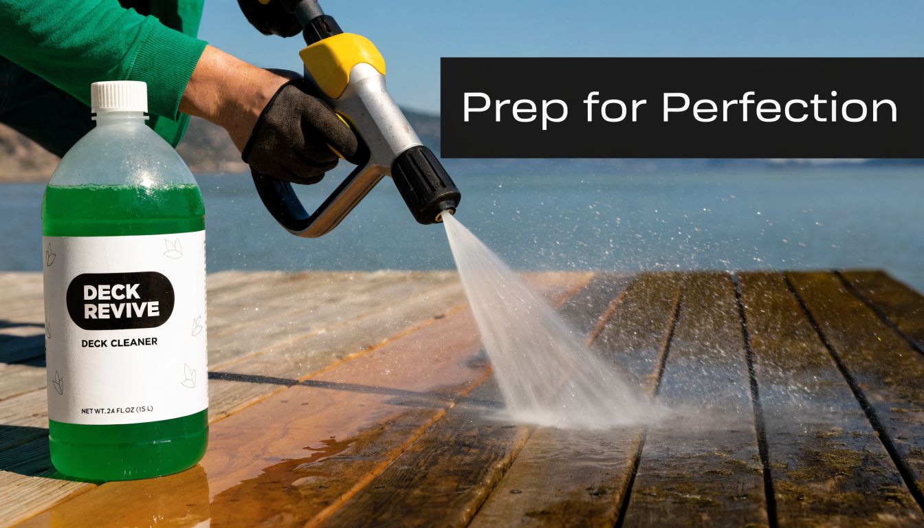 A hand using a power washer to clean a dirty wooden deck next to a Deck Revive bottle.