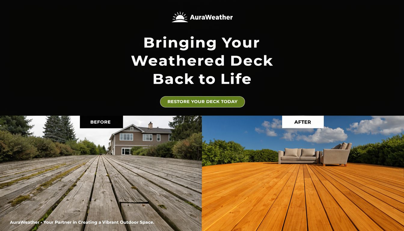 A split-screen comparison showing a weathered, mossy wood deck before and after professional cleaning and staining.