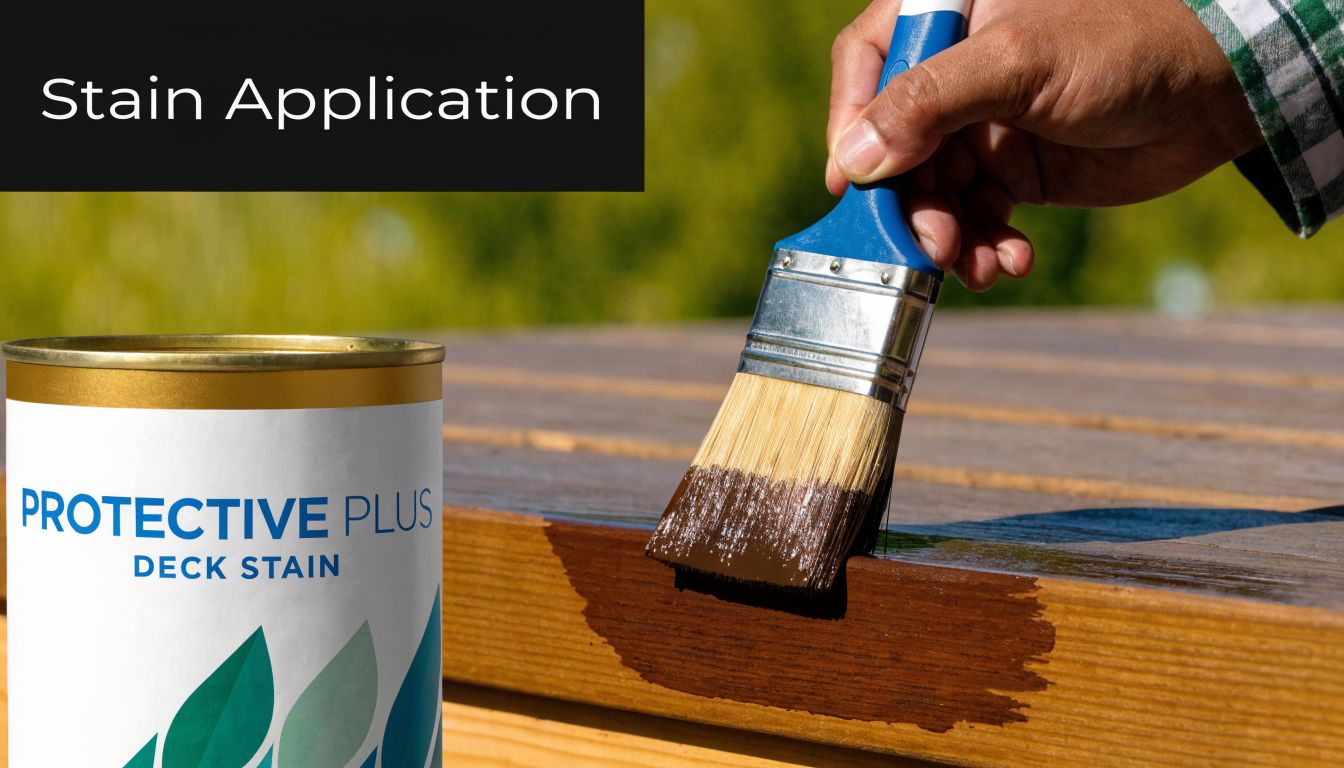 A person's hand uses a brush to apply brown deck stain onto wooden planks outdoors.