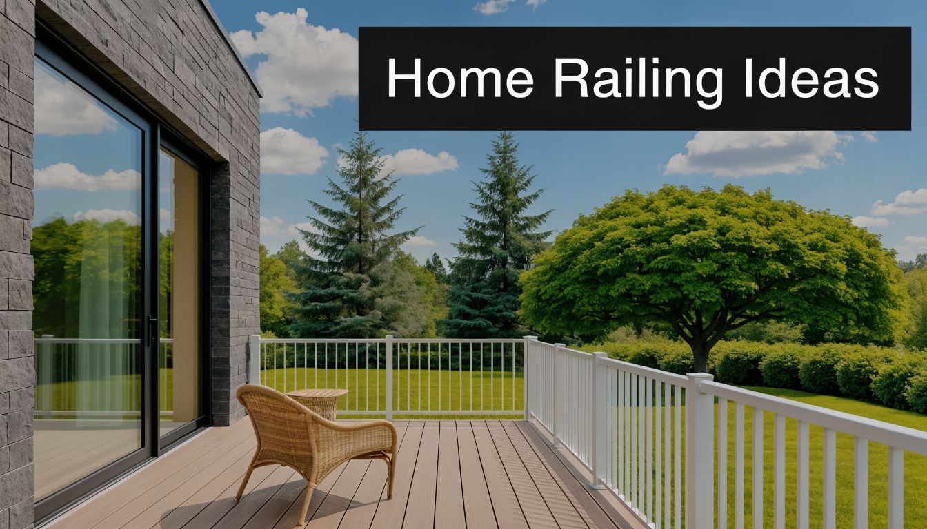 A modern composite deck featuring a white aluminum railing overlooking a lush green backyard and trees.