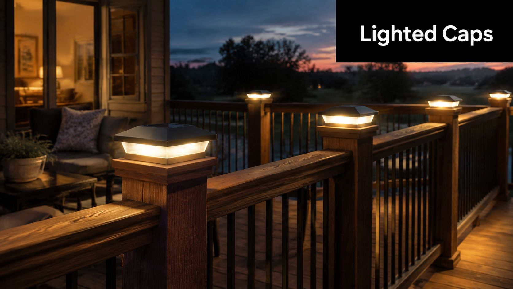 A warm, illuminated wooden deck railing featuring stylish solar-powered LED post caps at dusk.