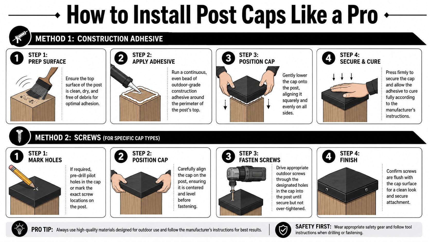 An instructional infographic demonstrating two methods for installing post caps using construction adhesive or mounting screws.