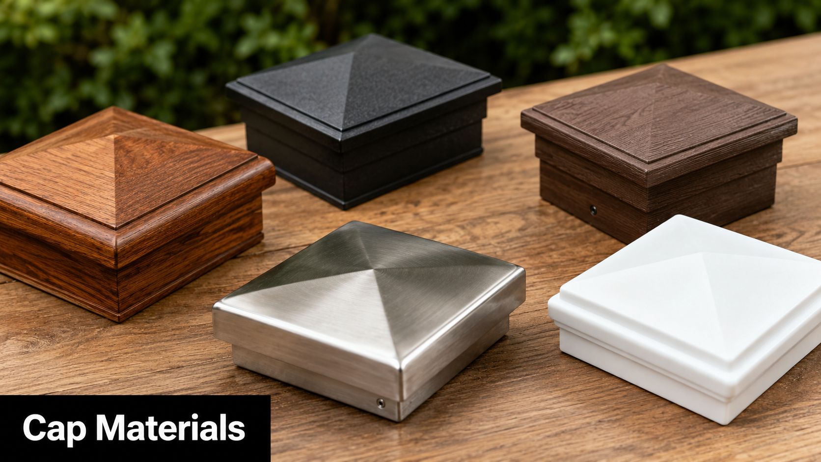 An assortment of five square 4 by 4 post caps featuring various textures and materials.