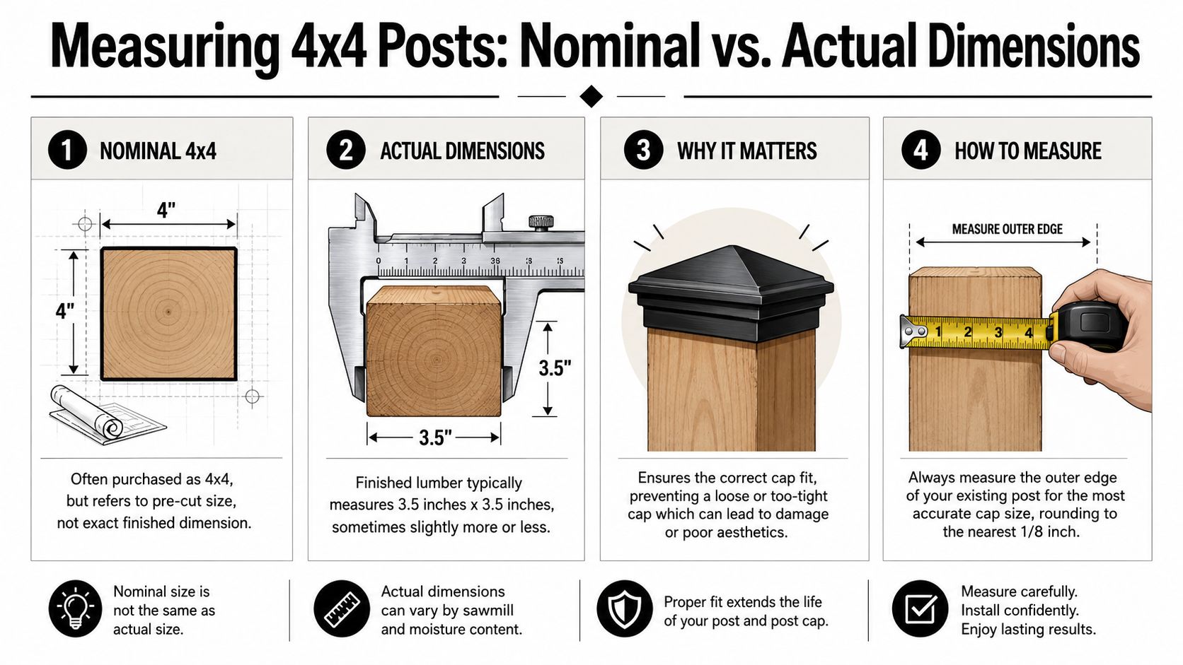 An infographic explaining that nominal 4x4 posts actually measure 3.5 by 3.5 inches for proper installation.
