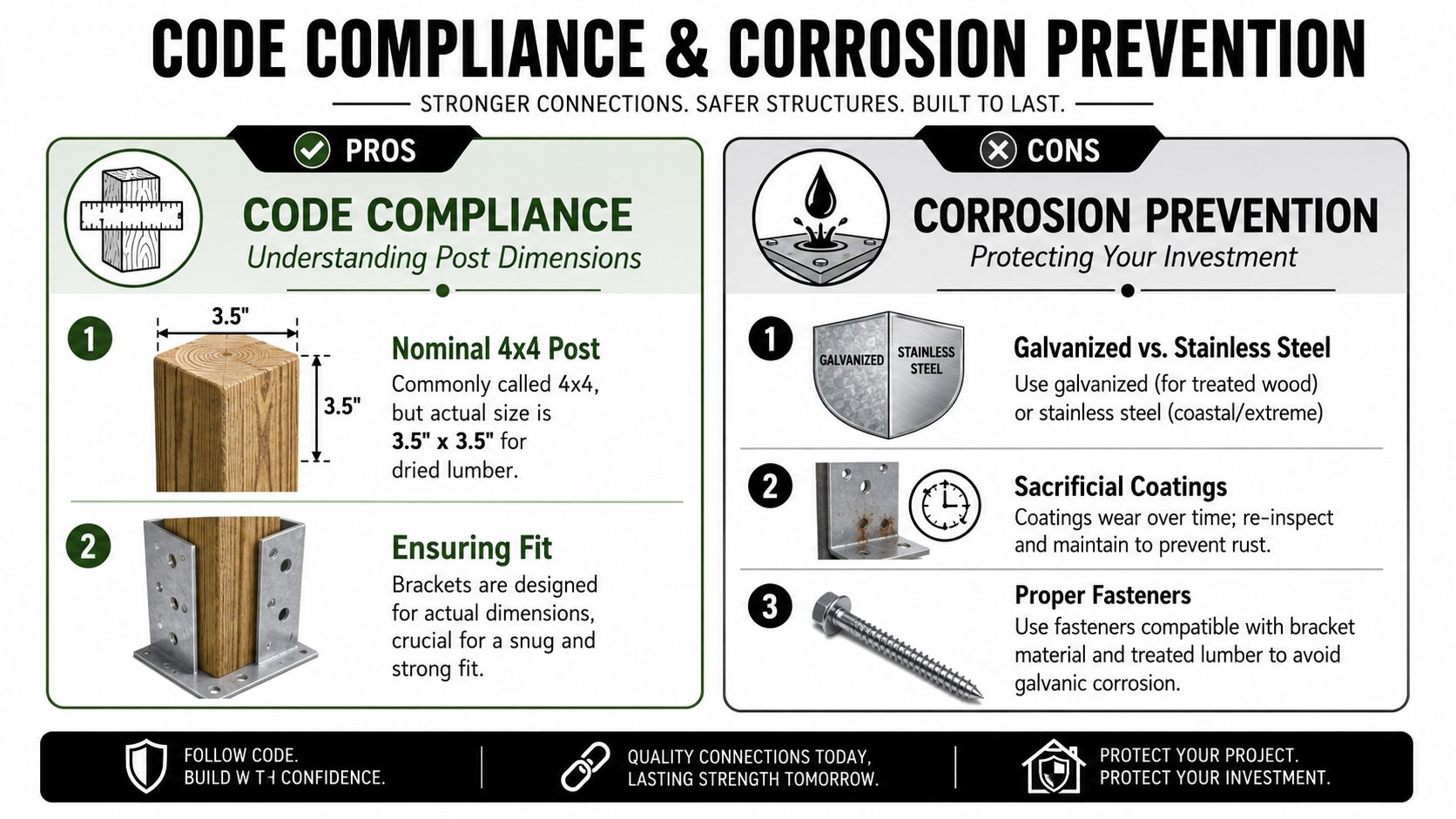 An educational infographic explaining code compliance for 4x4 wood posts and corrosion prevention for hardware brackets.