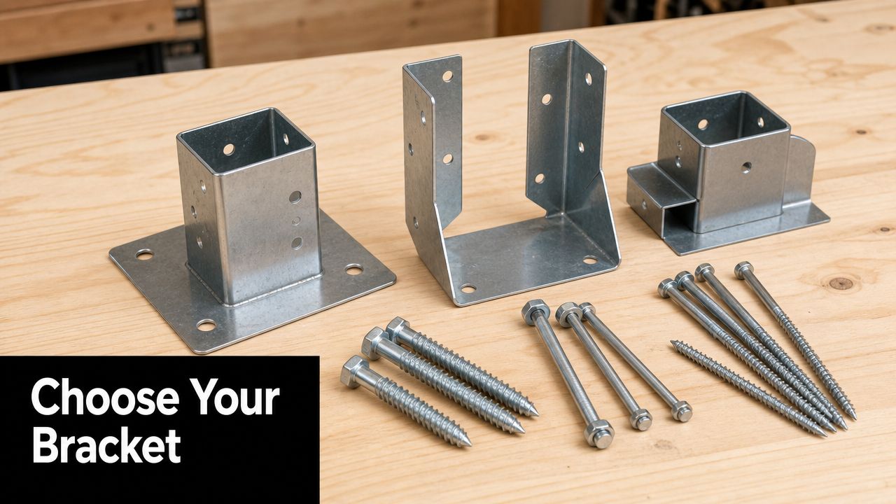 Three different styles of metal 4x4 wood post brackets placed on a wooden table with various screws.