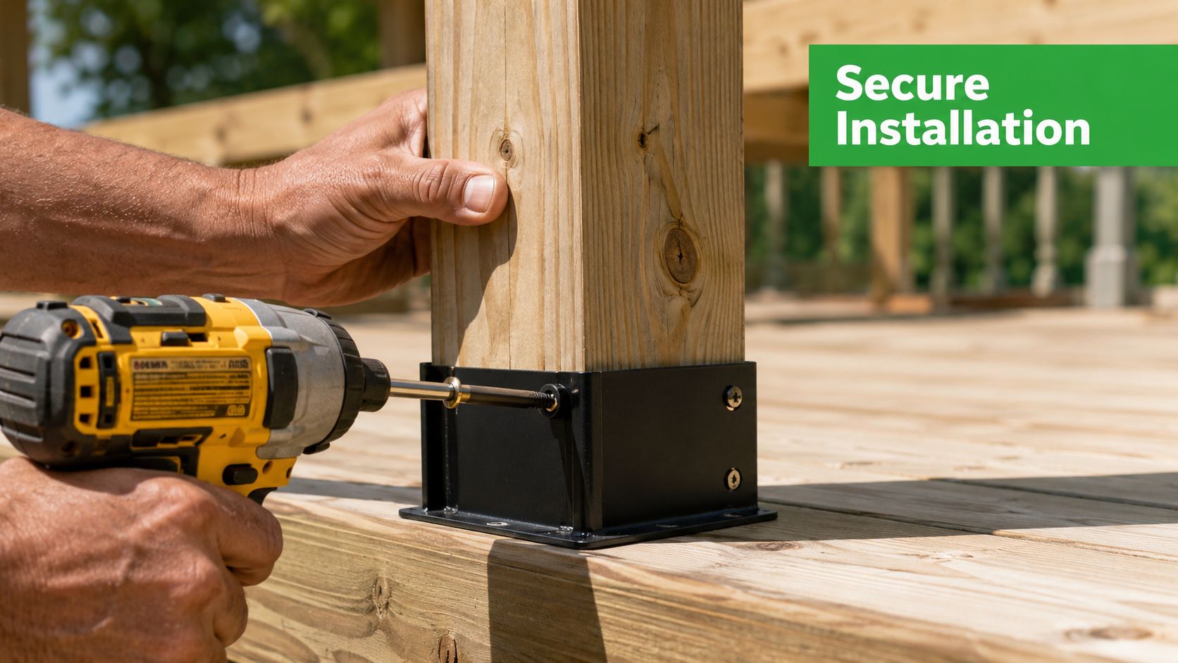 A close-up view of a person using a cordless drill to install 4x4 wood post brackets.