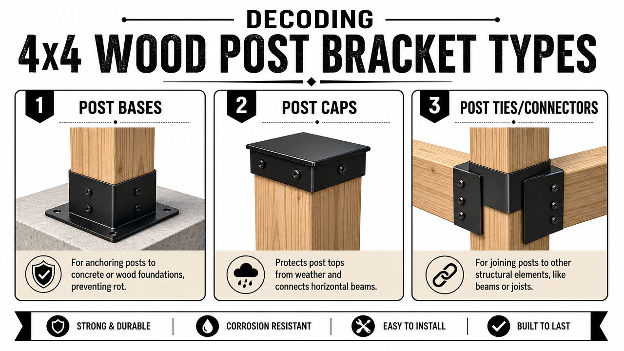 A graphic showing three types of 4x4 wood post brackets: post bases, post caps, and post ties.