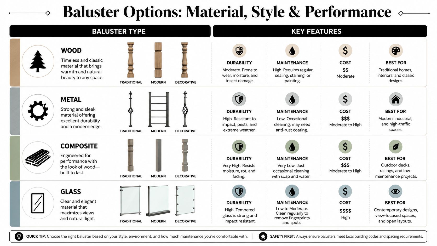 A comparison chart showing different baluster materials including wood, metal, composite, and glass with their features.