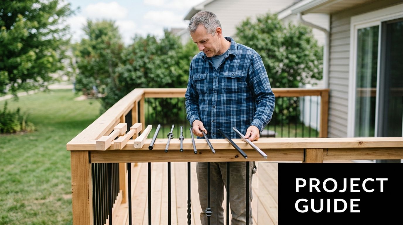 A man inspecting various types of wood and metal balusters and spindles on a wooden deck railing.