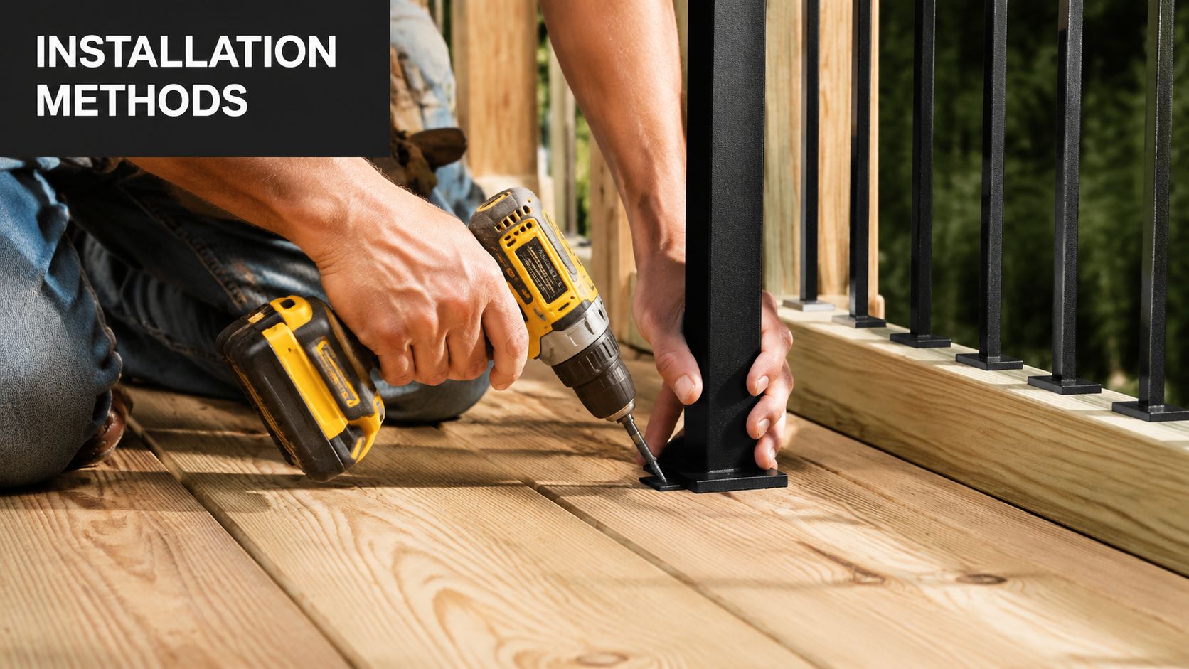 A construction worker uses a power drill to install a black metal deck post railing.