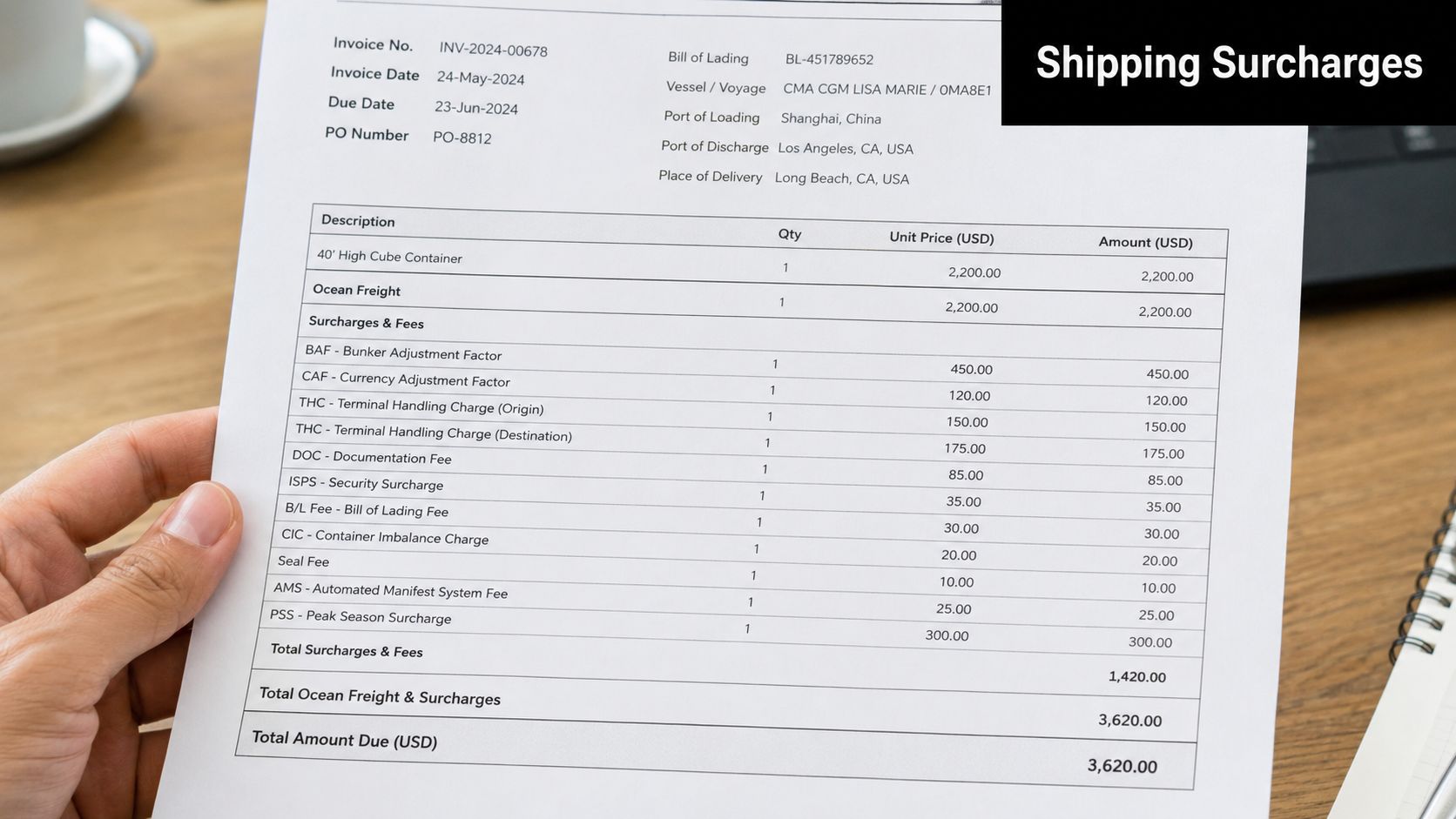 A hand holds an invoice document detailing ocean freight costs, container fees, and shipping surcharges for business logistics.