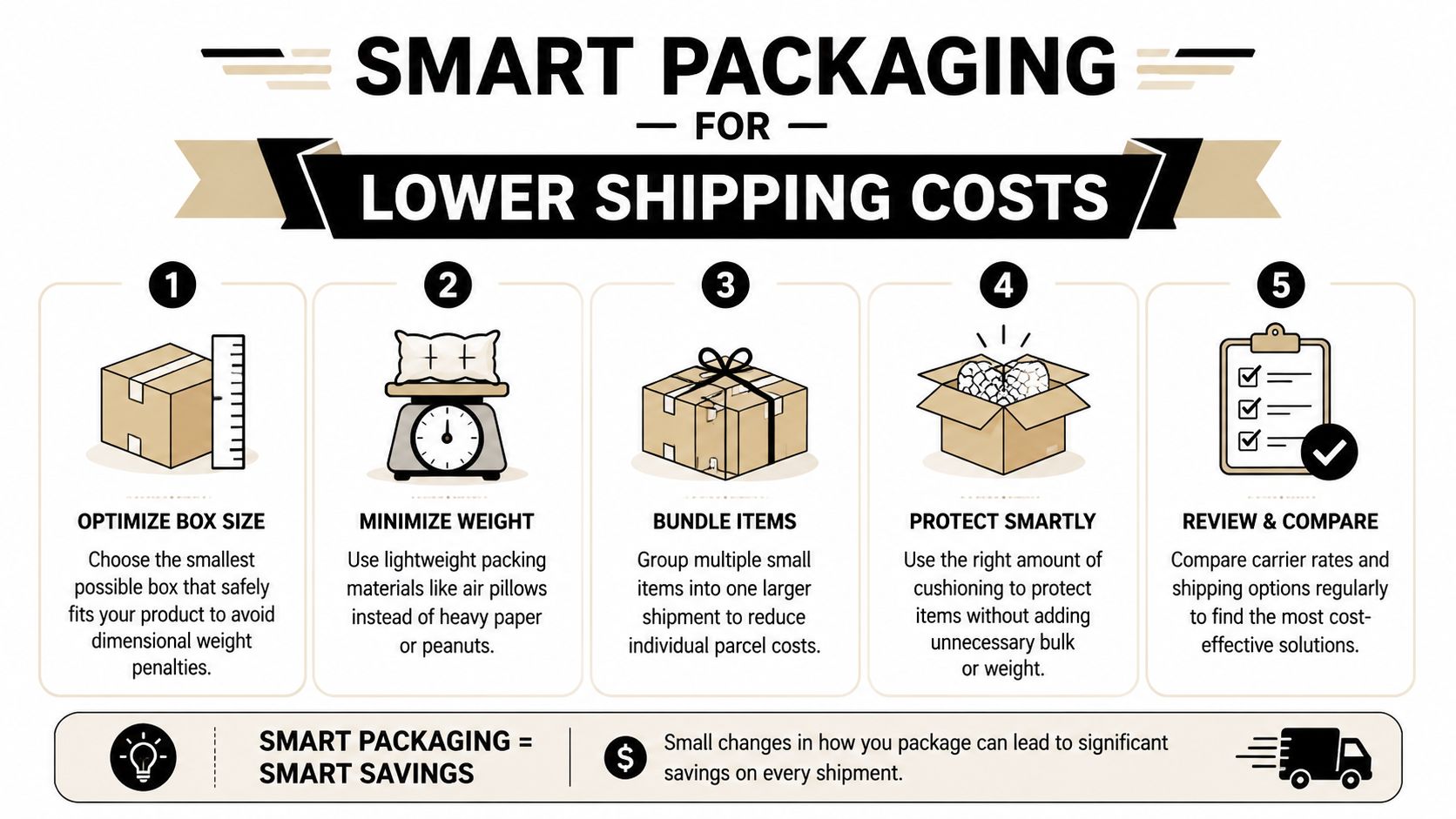 An infographic showing five tips for smart packaging to help businesses lower their shipping costs efficiently.