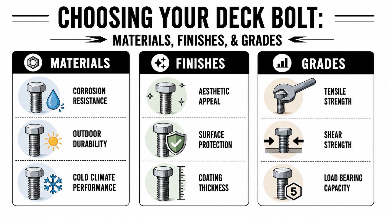 A helpful infographic comparing the materials, finishes, and grades to consider when selecting deck bolts.