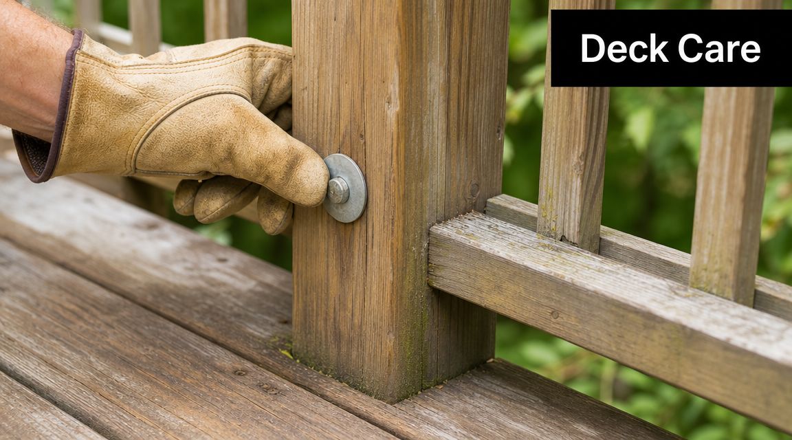 A gloved hand installing a carriage bolt and washer into a wooden deck post for maintenance.