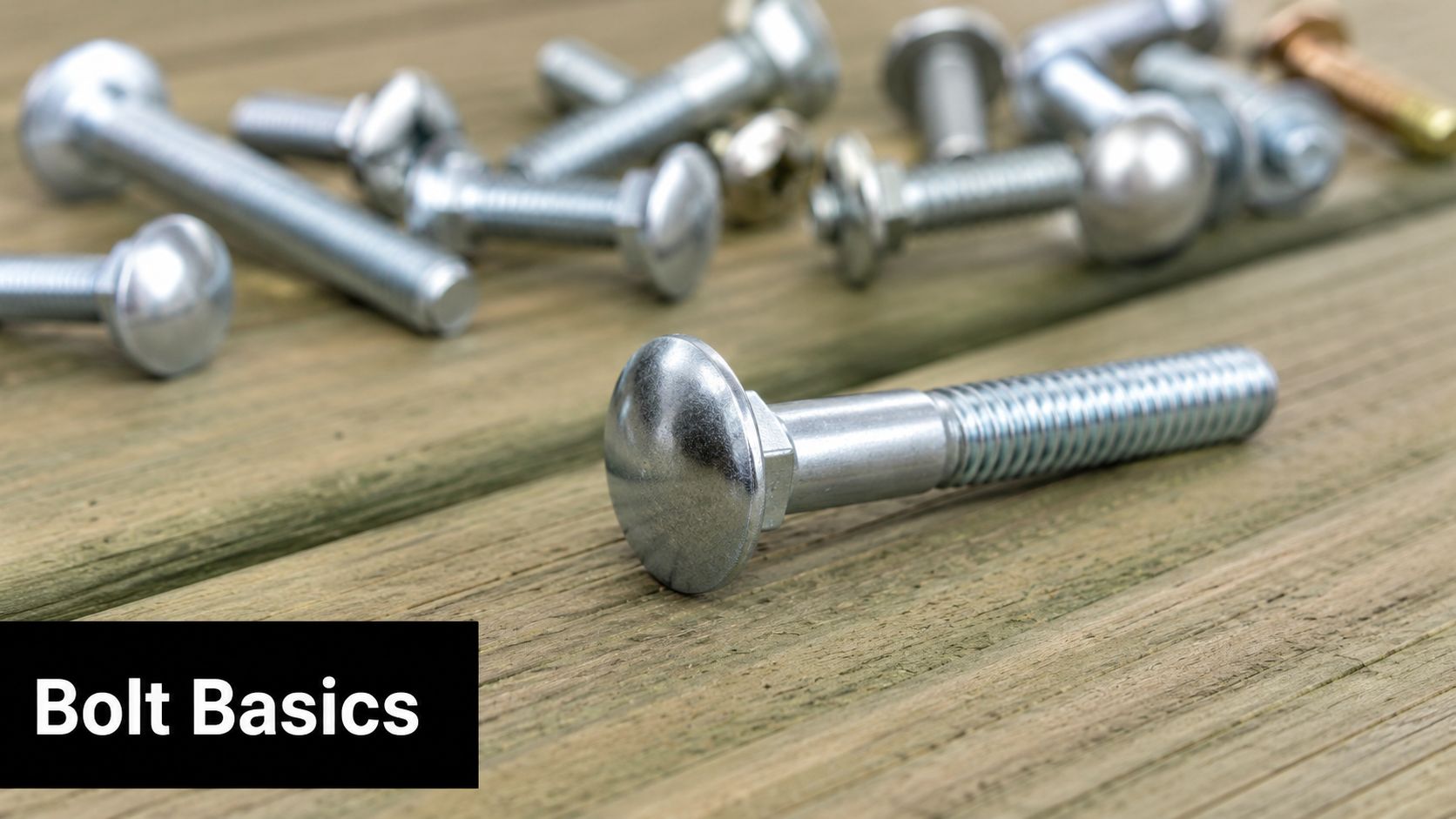 A close-up view of several shiny metal carriage bolts scattered across a weathered wooden deck surface.