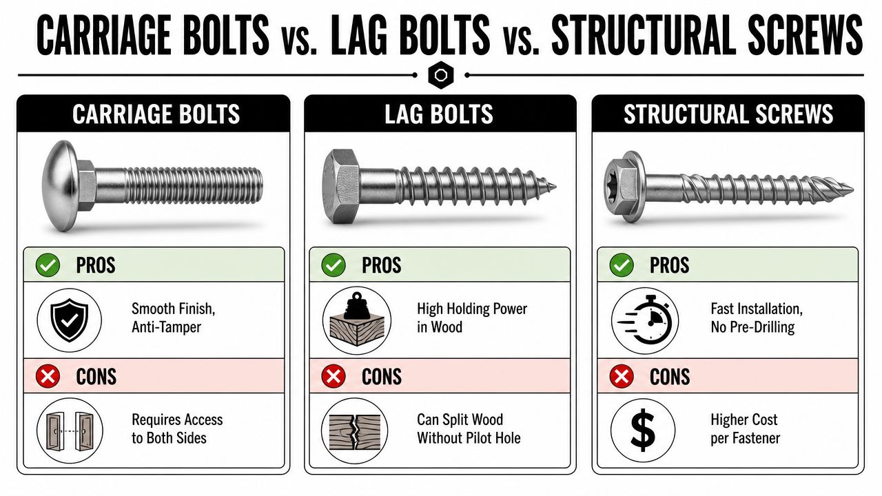 A comparison chart showing the differences between carriage bolts, lag bolts, and structural screws including pros and cons.