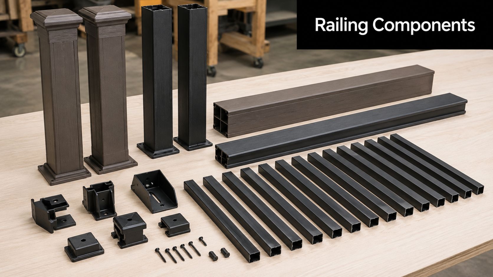 A collection of composite deck railing components including posts, handrails, brackets, and vertical balusters on a wooden table.