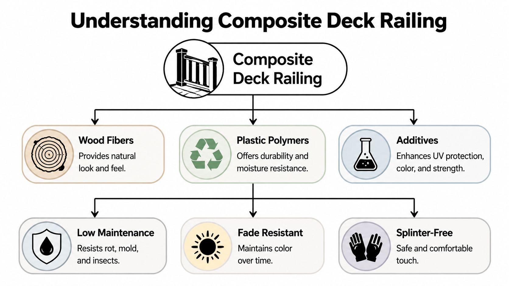 A diagram illustrating the composition and key benefits of durable and low maintenance composite deck railing systems.
