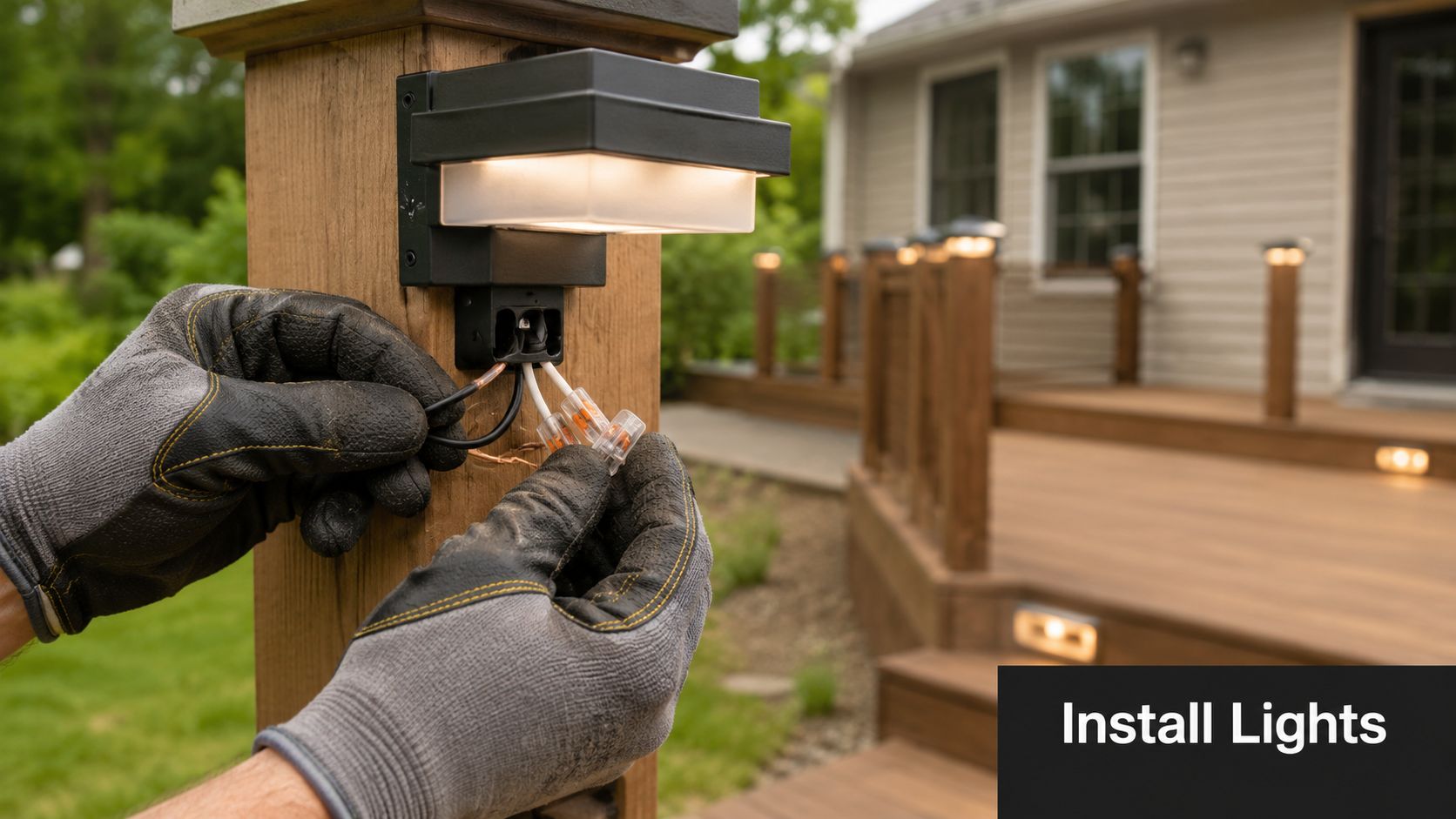 A person wearing protective gloves installs low voltage deck post lights onto a wooden pillar outdoors.