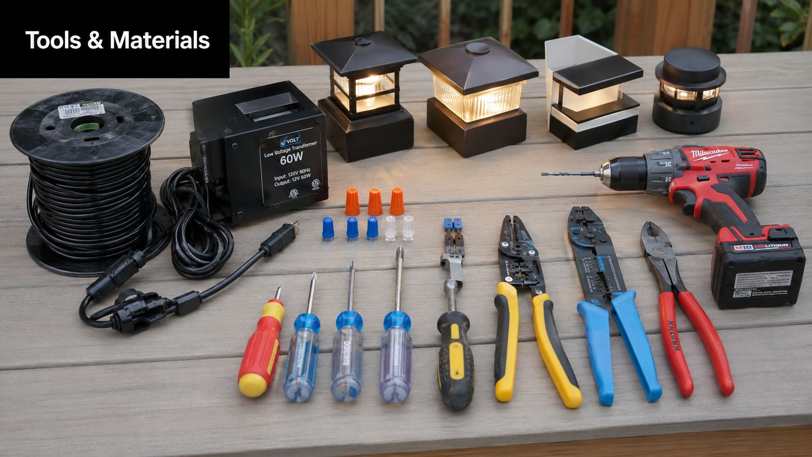 An array of deck post lights, tools, and wire for installing low voltage landscape lighting outdoors.