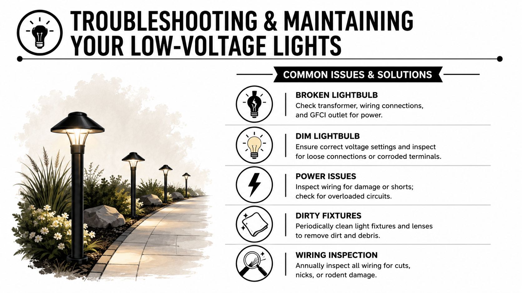An infographic titled Troubleshooting and Maintaining Your Low-Voltage Lights with a list of common issues and solutions.