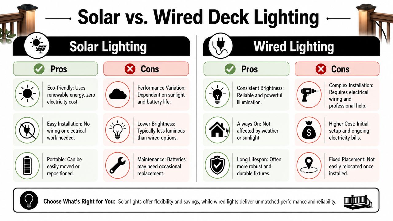 A comparison chart outlining the pros and cons of solar deck lighting versus wired deck lighting systems.