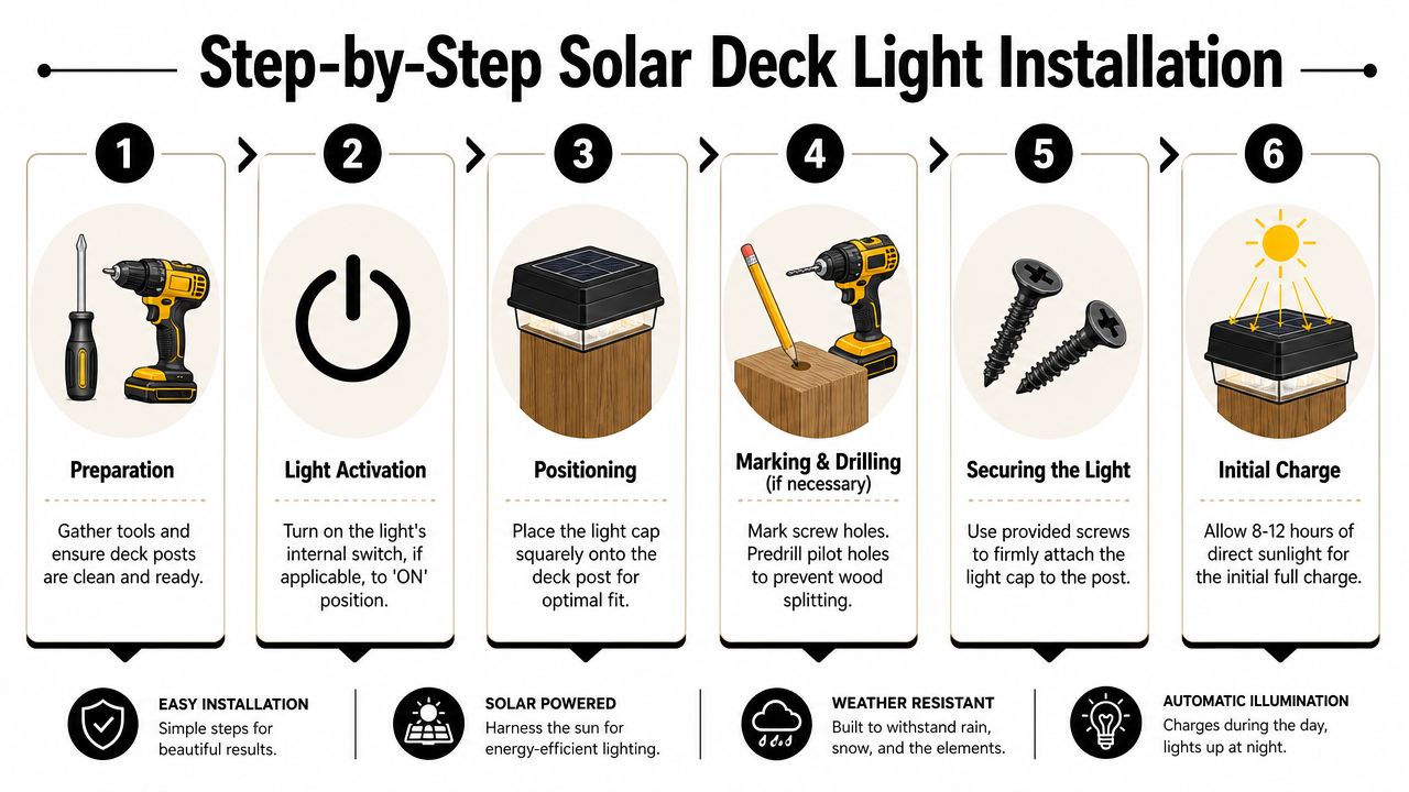 A six-step instructional guide on how to install solar deck post lights on wooden posts.