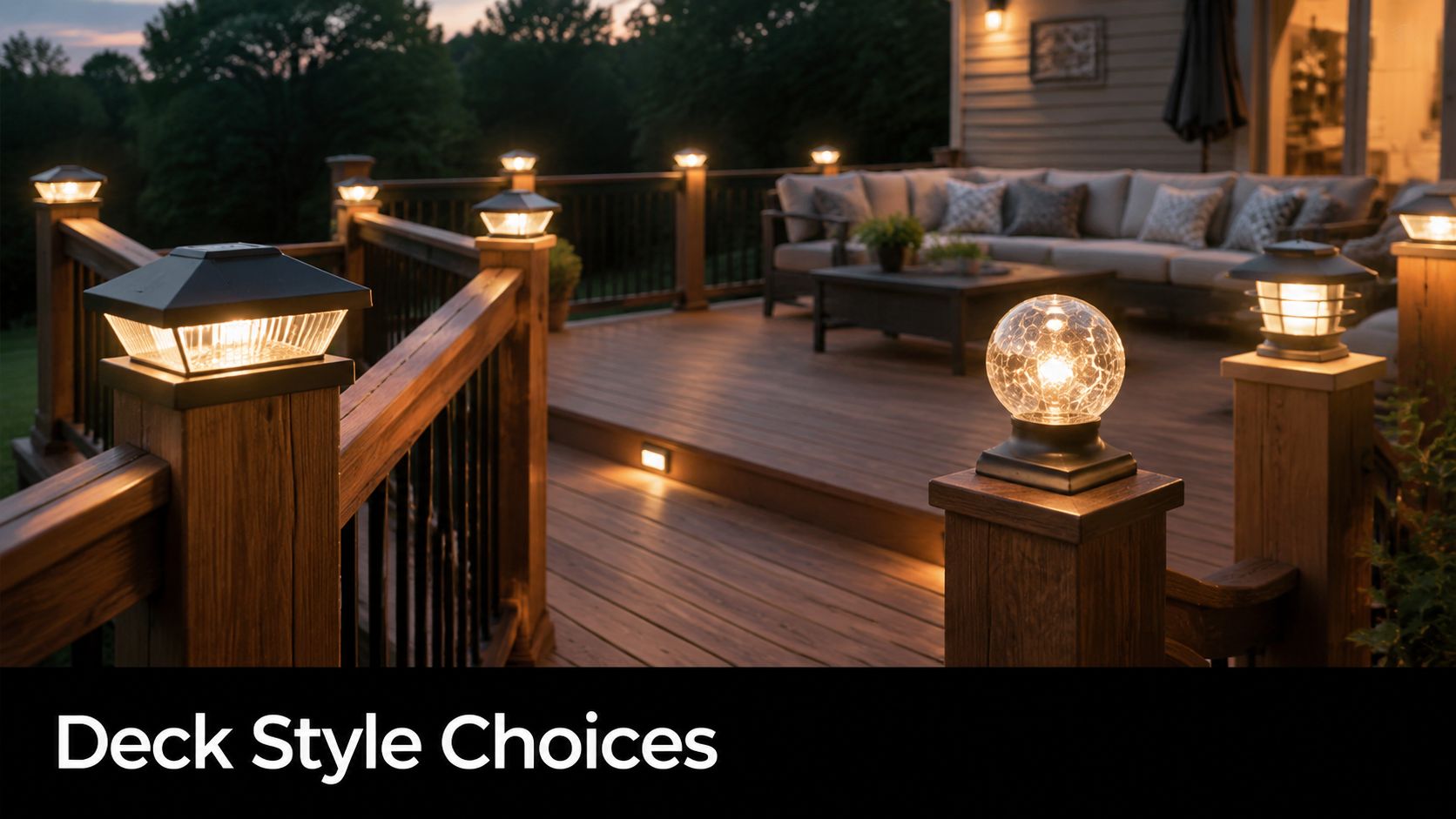 A luxurious wooden deck at dusk illuminated by glowing solar post cap lights and spherical glass lamps.
