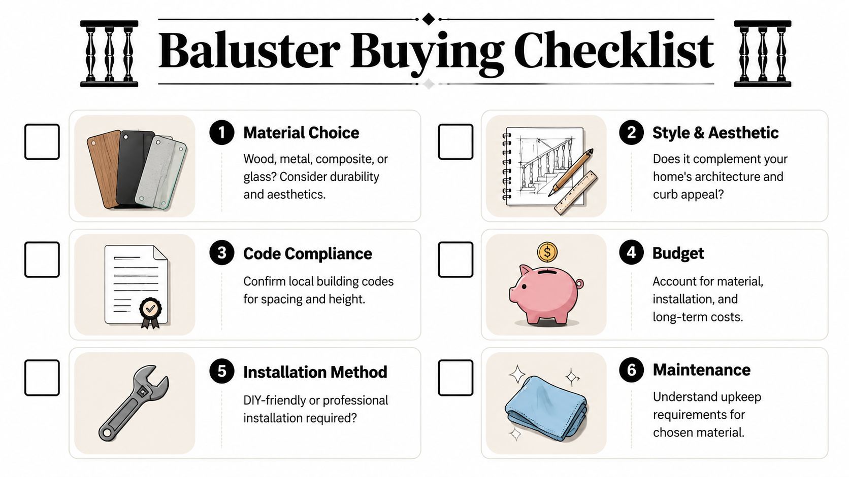 A six-step checklist for buying balusters including material, style, code compliance, budget, installation, and maintenance.