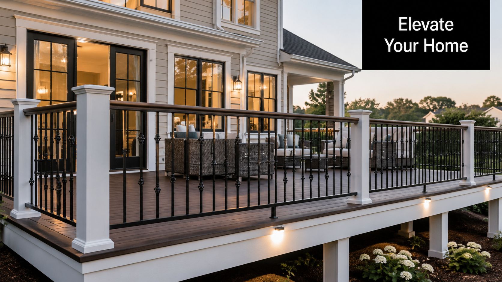 A luxurious home deck featuring stylish metal balusters and warm lighting on a residential wooden terrace.