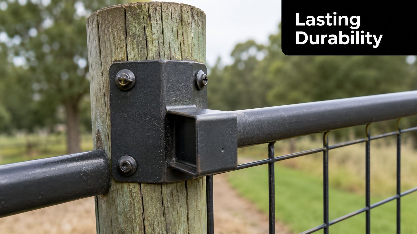 A black metal mounting bracket securely attaching a farm gate to a weathered wooden fence post.