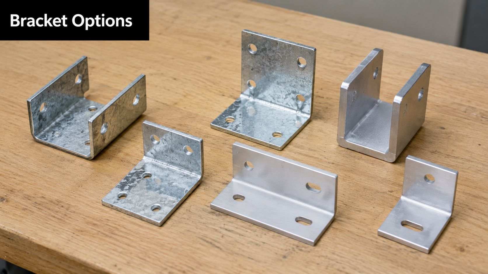 A collection of various metal fence brackets for posts arranged on a wooden table surface.