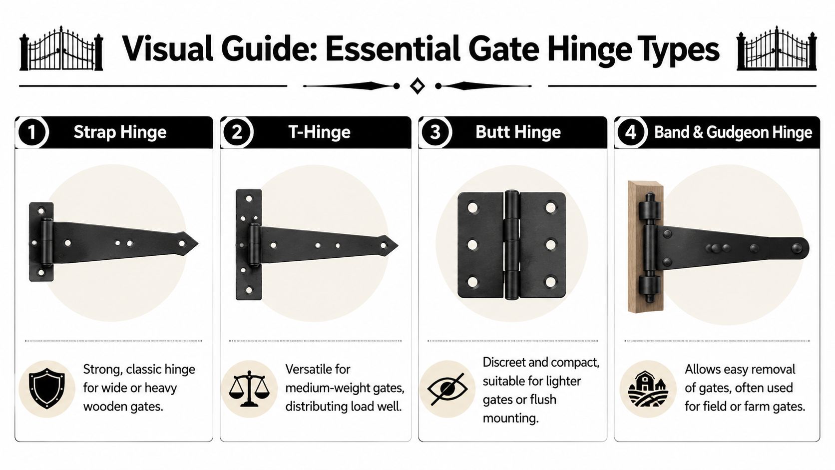 A visual infographic showing four types of essential gate hinges including strap, T-hinge, butt, and band.
