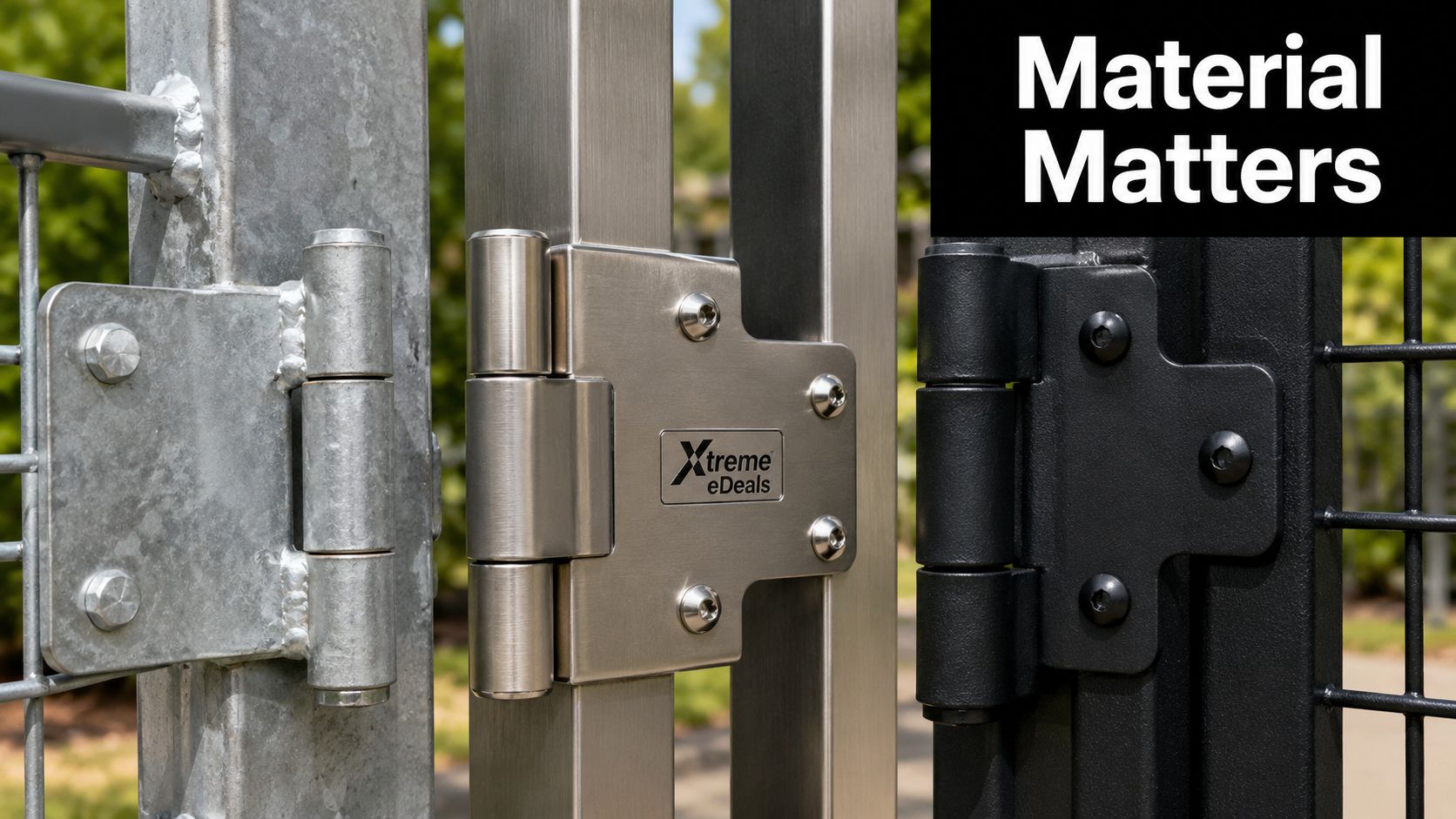 A close-up comparison of three different metal gate hinges mounted on metal fence gate posts.