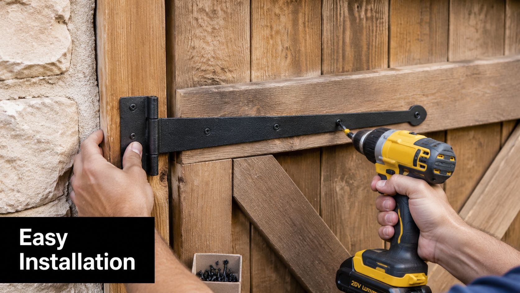 A person using a power drill to install a black metal hinge on a wooden gate.